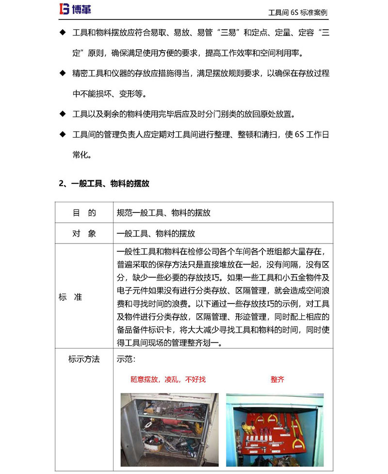 工具間一般工具，物料的擺放